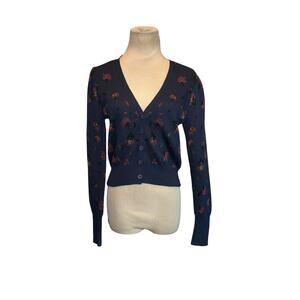 Zara navy blue floral knit buttoned cropped cardigan sweater size small